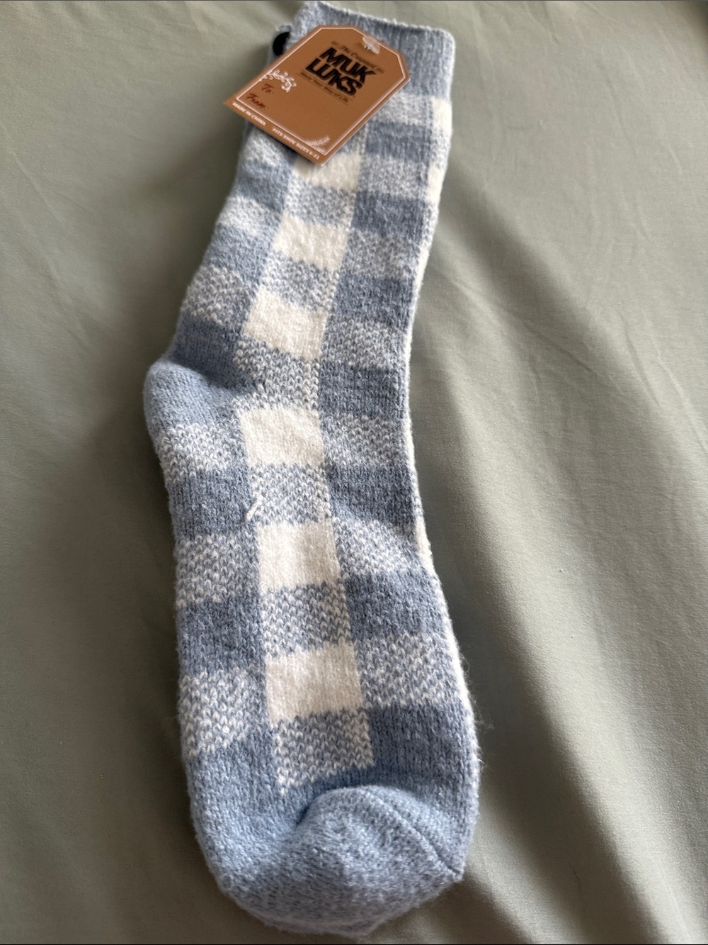 Muk Luks Men’s Light Blue & White Check Plush Casual Socks